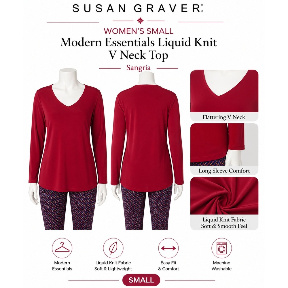 Susan Graver Modern Essentials Liquid‎ Knit V Neck Top Sangria Red Small Sleeve